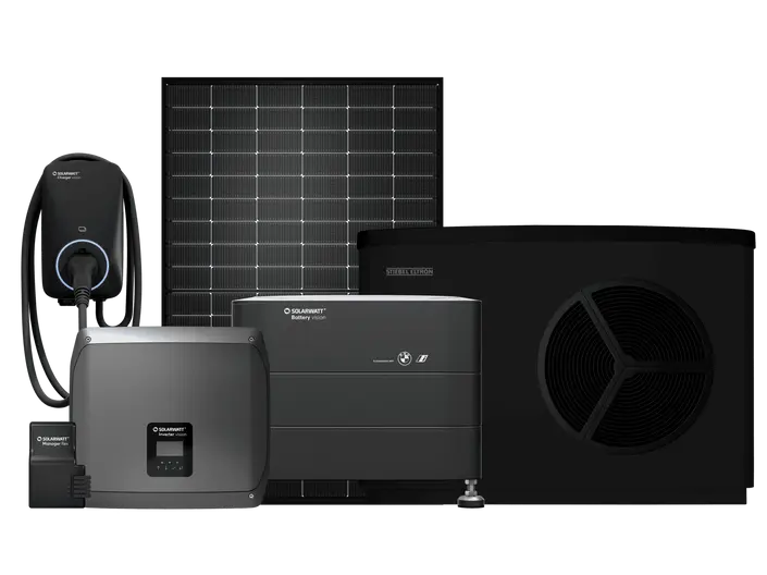 Ensemble de produits de la marque solarwatt tel que panneau solaire, onduleurs, inverters et chargeur pour véhicules